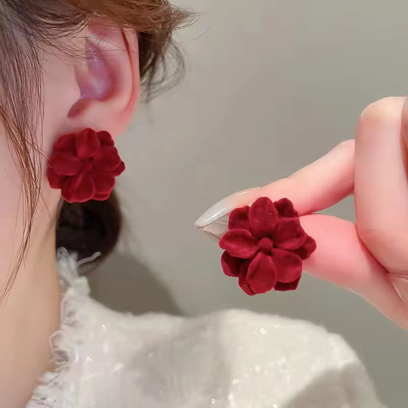 New Vintage Flocking Wine Red Rose Flower Earrings | Elegant Resin Stud Earrings for Women | Lightweight Floral Jewellery Gift