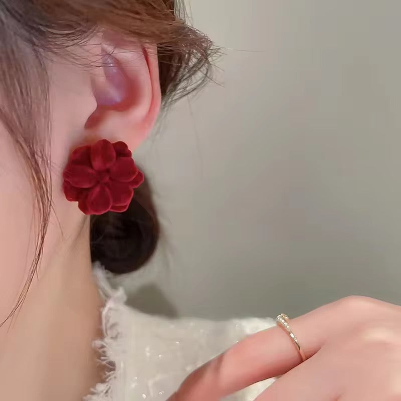 New Vintage Flocking Wine Red Rose Flower Earrings | Elegant Resin Stud Earrings for Women | Lightweight Floral Jewellery Gift