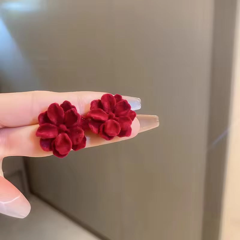 New Vintage Flocking Wine Red Rose Flower Earrings | Elegant Resin Stud Earrings for Women | Lightweight Floral Jewellery Gift