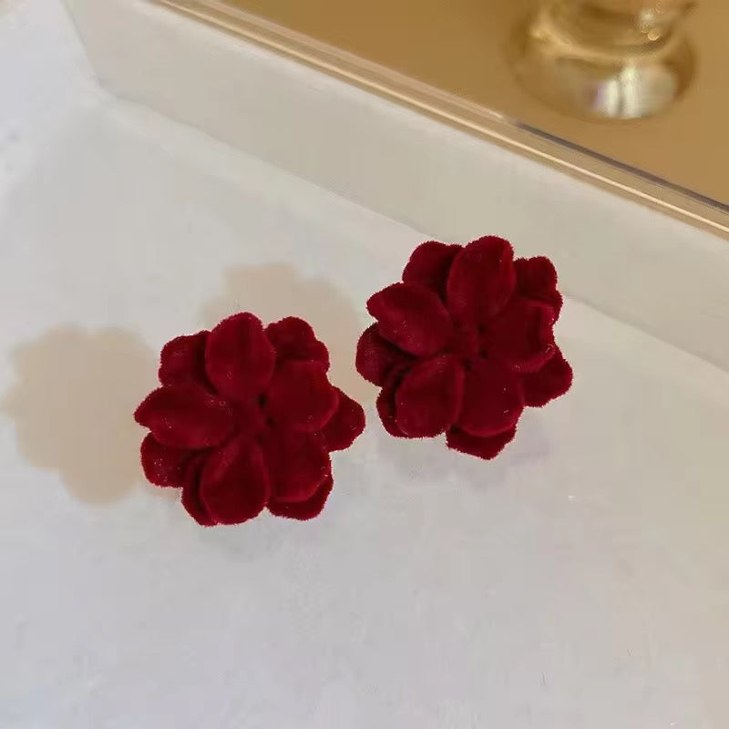 New Vintage Flocking Wine Red Rose Flower Earrings | Elegant Resin Stud Earrings for Women | Lightweight Floral Jewellery Gift