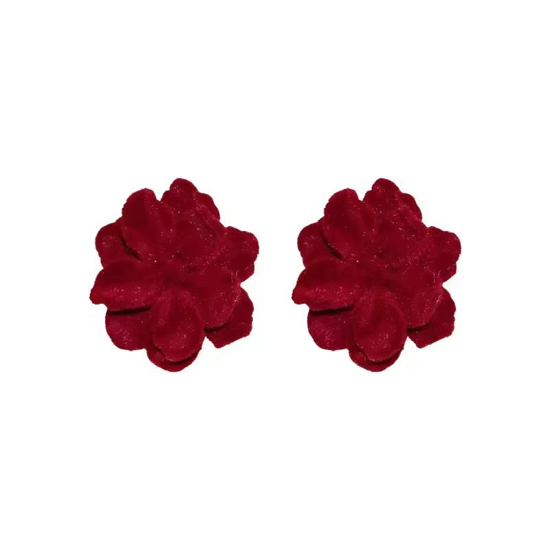New Vintage Flocking Wine Red Rose Flower Earrings | Elegant Resin Stud Earrings for Women | Lightweight Floral Jewellery Gift