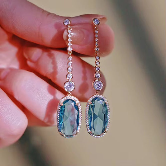 Romantic Sky Blue Oval Cut Crystal Drop Earrings for Women | Long Handmade Gold & Silver Plated Pendant Earrings with White CZ Stones | Bridal Jewellery for Girls & Women