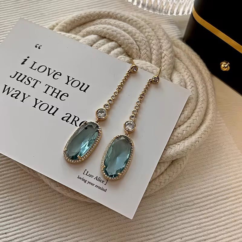 Romantic Sky Blue Oval Cut Crystal Drop Earrings for Women | Long Handmade Gold & Silver Plated Pendant Earrings with White CZ Stones | Bridal Jewellery for Girls & Women