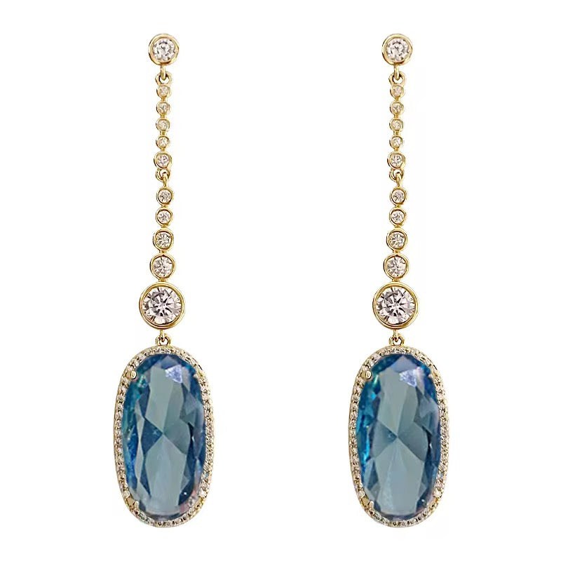 Romantic Sky Blue Oval Cut Crystal Drop Earrings for Women | Long Handmade Gold & Silver Plated Pendant Earrings with White CZ Stones | Bridal Jewellery for Girls & Women