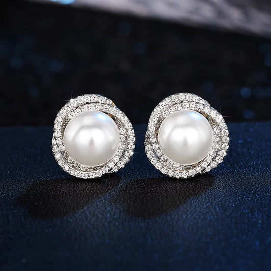 Elegant Silver Plated Pearl Stud Earrings for Women | Bridal Jewelry with Cubic Zirconia | Imitation Pearl Earrings for Weddings, Parties & Daily Wear